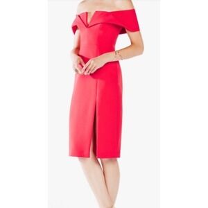 BCBGMAXAZRIA Red Off The Shoulder Notched V-Neck Midi Sheath Dress Size 12